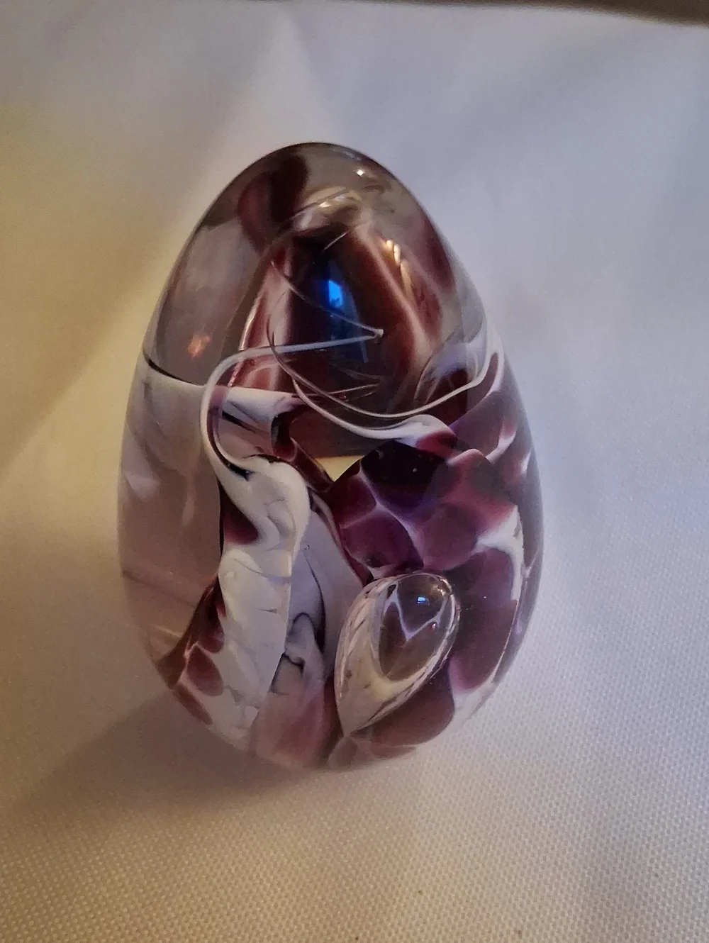 Handblown Glass Paperweight in Purple and White